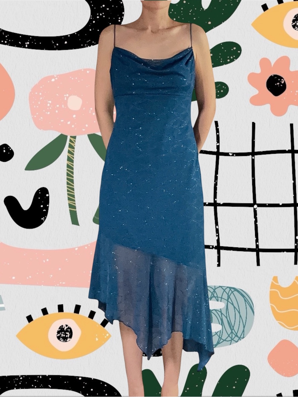 City Triangles | Y2K Blue Glitter Draped Neckline Asymmetrical Hem Dress